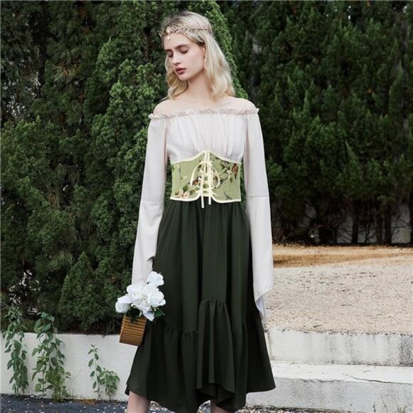 Renaissance Floral Corset Belt – Lace-Up Underbust Waist Cincher, Medieval - Picture 3 of 5